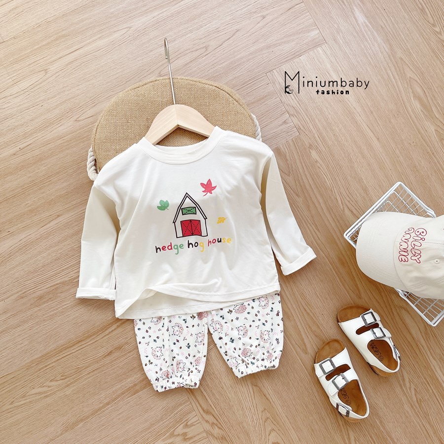 Bộ đồ dài tay quần dài thu đông in ngôi nhà, gà cho bé gái chất liệu 100% cotton, quần áo trẻ em miniumbabyfashionSB1303