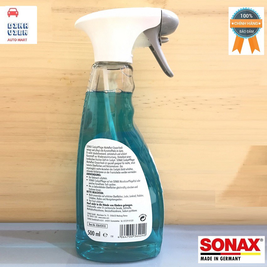 Chai Xịt Bảo Dưỡng Táp Lô Hương Đại Dương Sonax Cockpit Spray Matt Effect Ocean-fresh 364241 Làm sạch và bảo vệ nhựa.