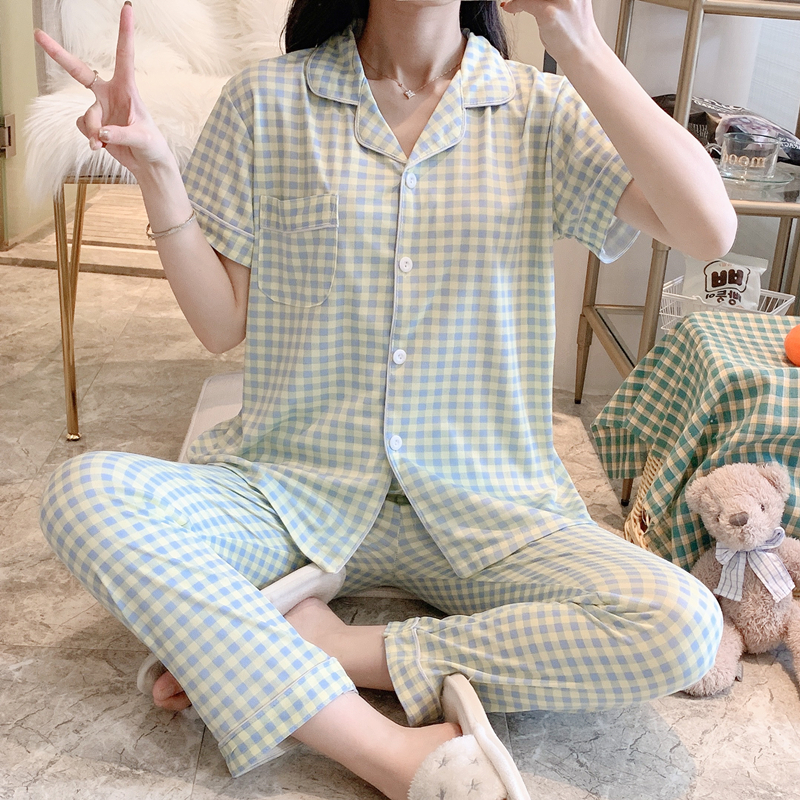 Bộ Đồ Ngủ 2 Món Áo Cardigan Tay Ngắn Phối Quần Short Kẻ Sọc Kiểu Hàn Quốc Dễ Thương