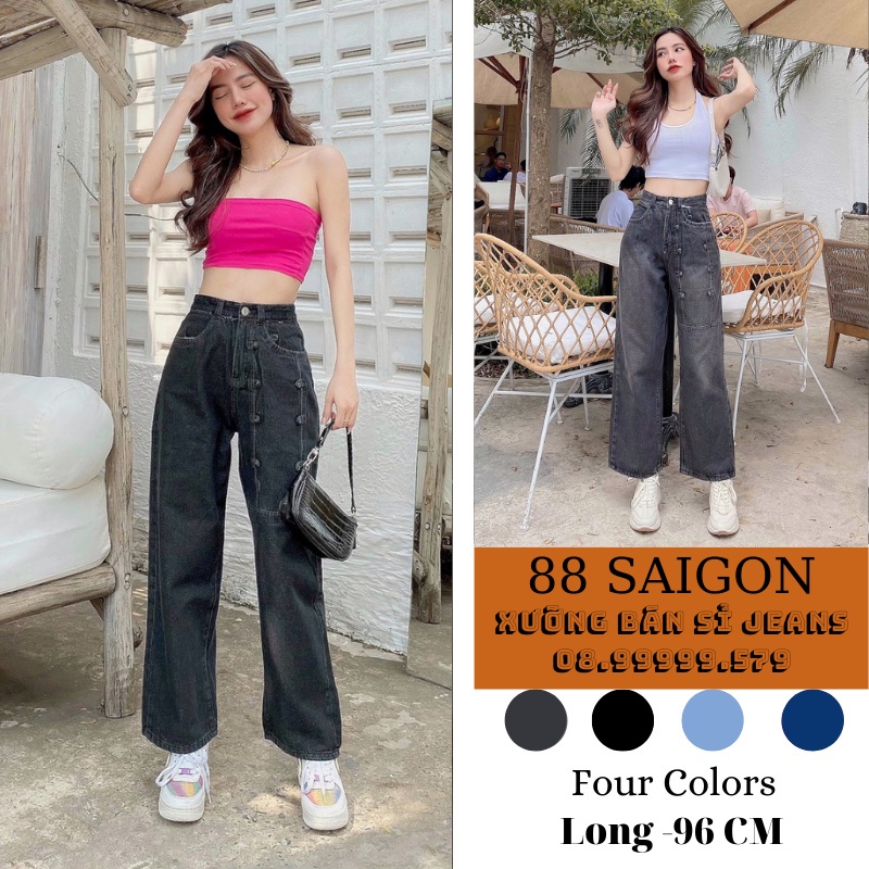Quần Ống Suông Nữ - Lưng Siêu Cao / Jean Ống Rộng đẹp. Đen,Xanh, Sáng, Xám Rách Gối. Dài 96cm
