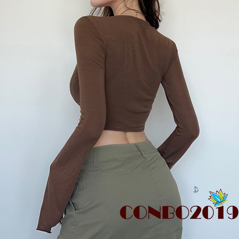 Áo Crop Top Tay Dài Cổ Chữ V Màu Sắc Đơn Giản Cho Nữ