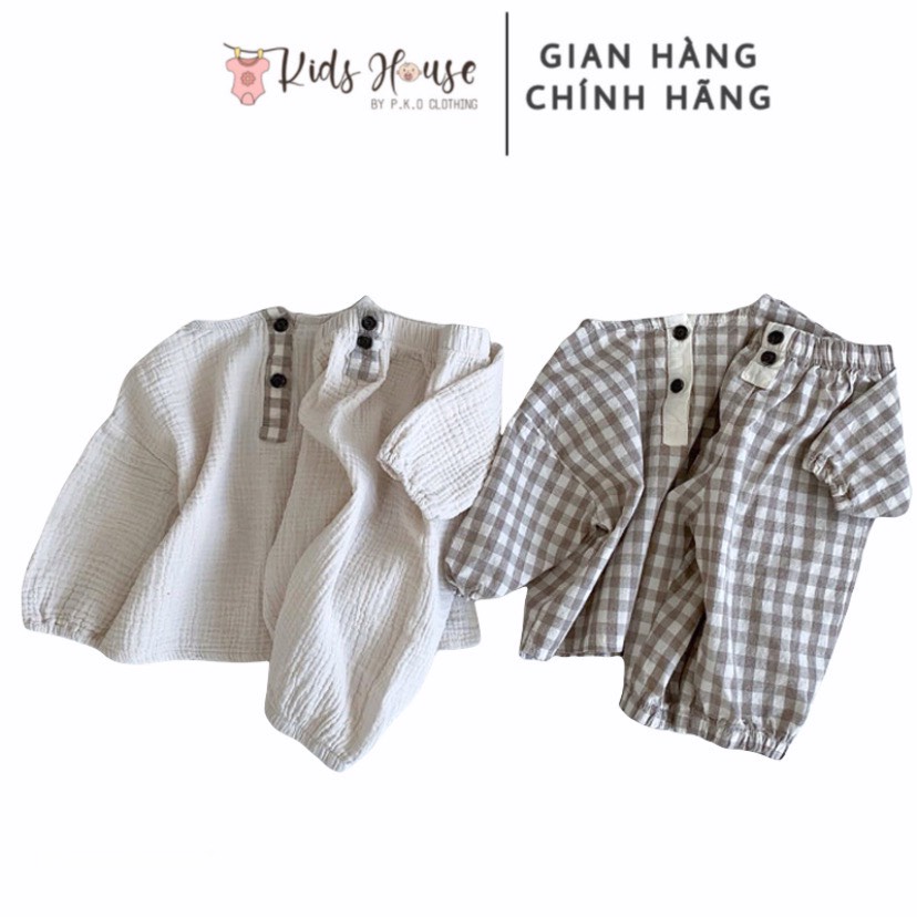 Bộ xô muslin dài tay thu đông thời trang cho bé, bộ đũi bé trai bé gái