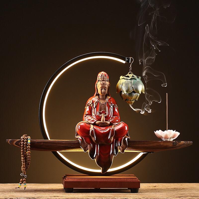 Tượng gốm Quan Âm và kệ đèn led trang trí decor nhà cửa không gian thiền tịnh giúp tâm thư thái an yên