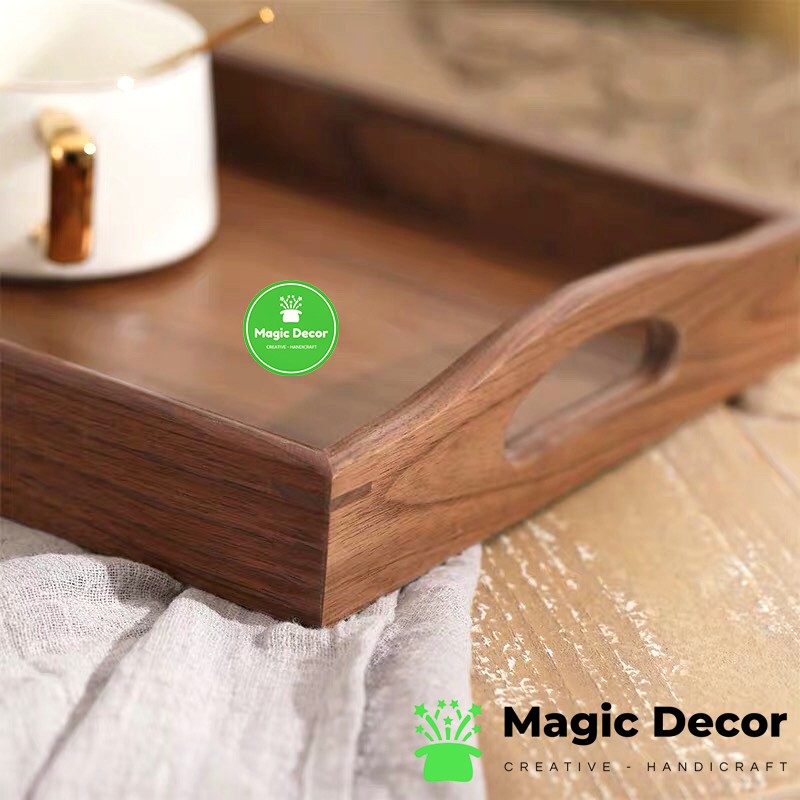 Khay trà decor, khay trà bằng gỗ óc chó nguyên khối cao cấp, kiểu dáng hiện đại, gỗ tối màu cực đẹp | Magic Decor