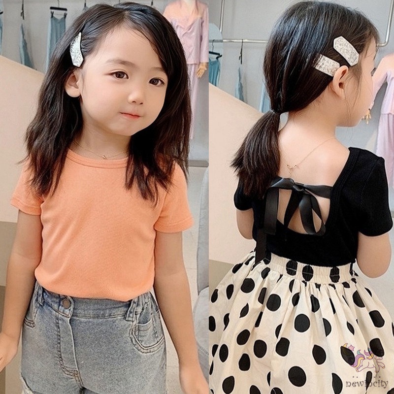 Áo Thun Cotton Tay Ngắn Hở Lưng Thắt Nơ Dễ Thương Phong Cách Hàn Quốc Thời Trang Mùa Hè Cho Bé Gái