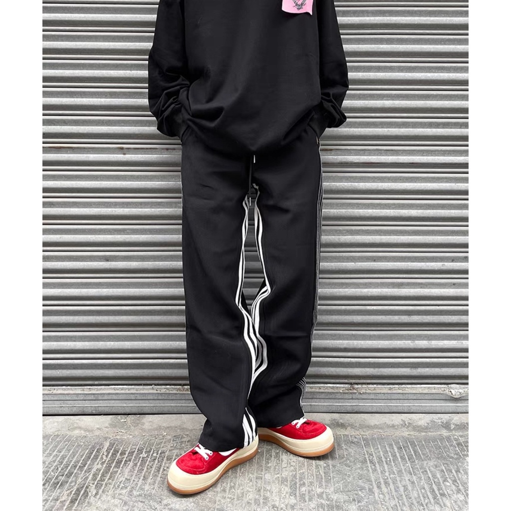 Quần line ba sọc MEANSTORE unisex basic nam nữ cạp chun ống rộng phong cách Hàn Quốc ulzzang - đen sọc trắng