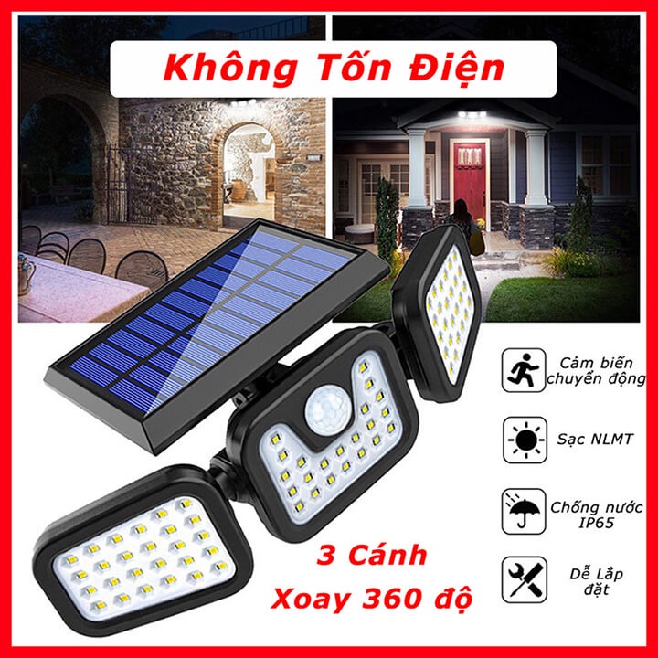 Đèn năng lượng mặt trời 3 cánh cảm biến ánh sáng tự động bật tắt, chống nước IP65, pin 2400mAh, đèn mặt trời