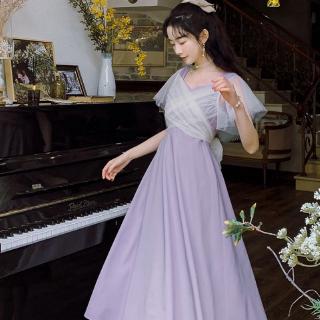 Đầm maxi chữ A tay ngắn phối lưới phong cách Hàn Quốc cho nữ