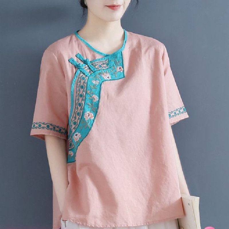 Áo Thun cotton Lanh Cổ Tròn Tay Ngắn Dáng Rộng Thêu Họa Tiết Phong Cách Cổ Điển Cho Nữ