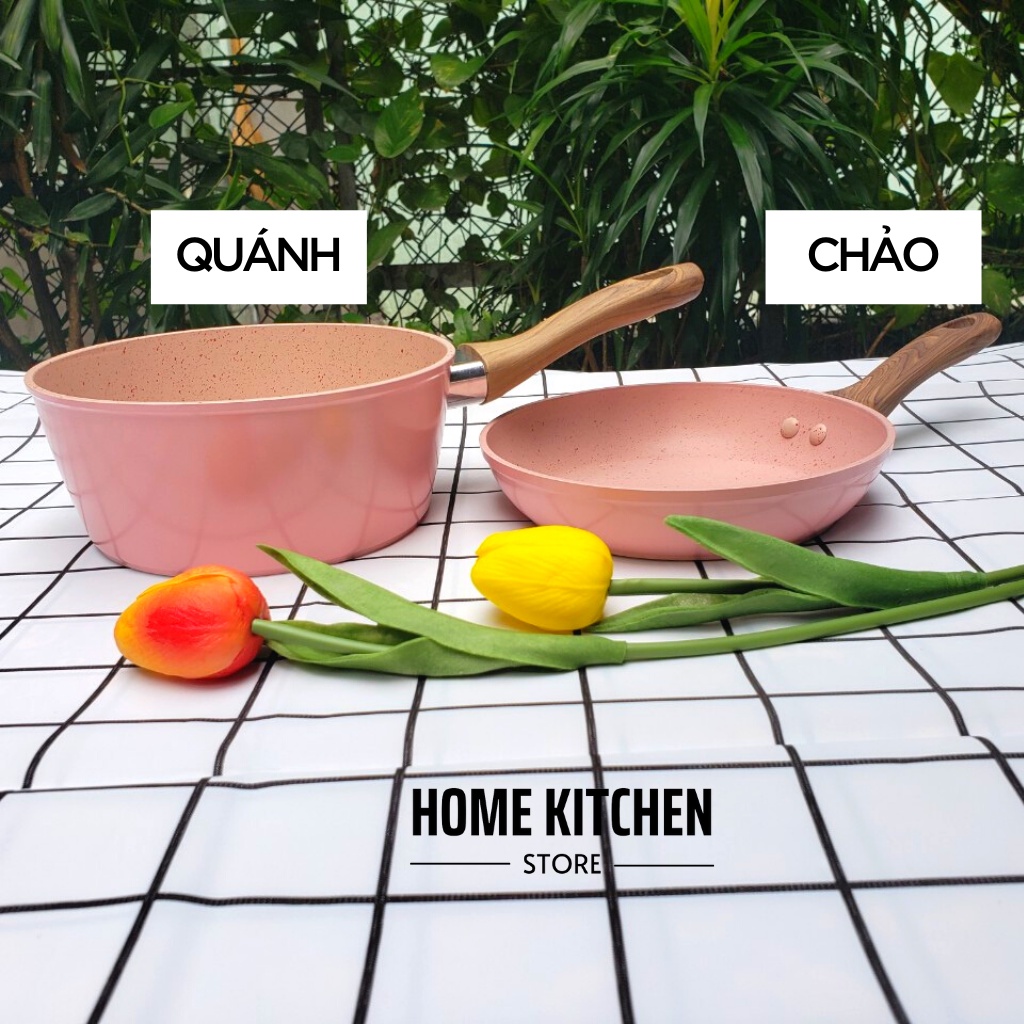 Chảo đá hoa cương, quánh sâu lòng chống dính cao cấp 16cm đáy từ màu hồng dùng cho bếp ga, bếp từ, bếp điện, hồng ngoại