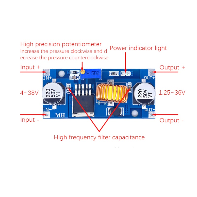 Mạch Hạ áp XL4015, 5A DC-DC Buck điện áp điều chỉnh ổn áp ngồn DC 3V3, 5V, 9V, 12V XL4015 biến trở điều chỉnh điện áp