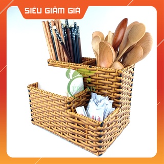 Khay Đũa Tăm Mây Nhựa Đan Nhiều Ngăn Đựng Muỗng Đũa Gia Vị Tăm Bàn Quán Ăn - Mây Tre Trà My