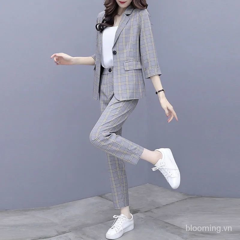 Set đồ công sở kẻ sọc caro phong cách phương Tây thời trang xuân thu cho nữ