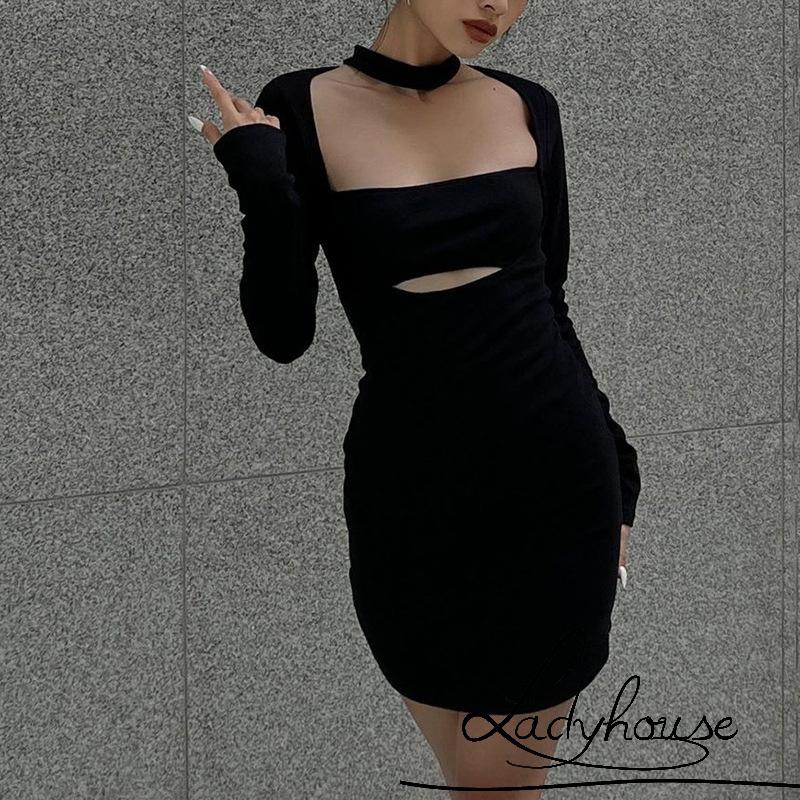 Đầm Dài Tay Cổ Vuông Màu Trơn Thiết Kế Ôm Sát Tôn Dáng Thời Trang Dành Cho Nữ