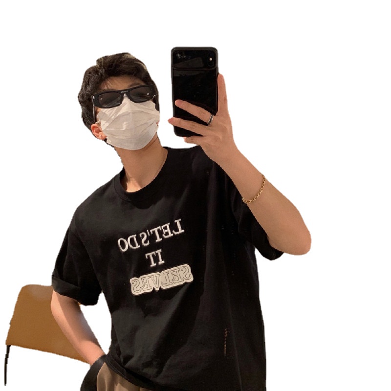 Áo Thun Nam Tay Ngắn Dáng Rộng Có In Chữ Phong Cách Hàn Quốc