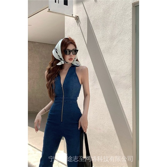 High quality · Nini  denim stretch jumpsuit women's summer hot pants Korean style sense zipper sleeveless vest straight long pants