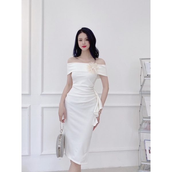 Đầm trắng trễ vai thắt nơ hoa đi chơi, dự tiệc body ôm dáng dài | BigBuy360 - bigbuy360.vn