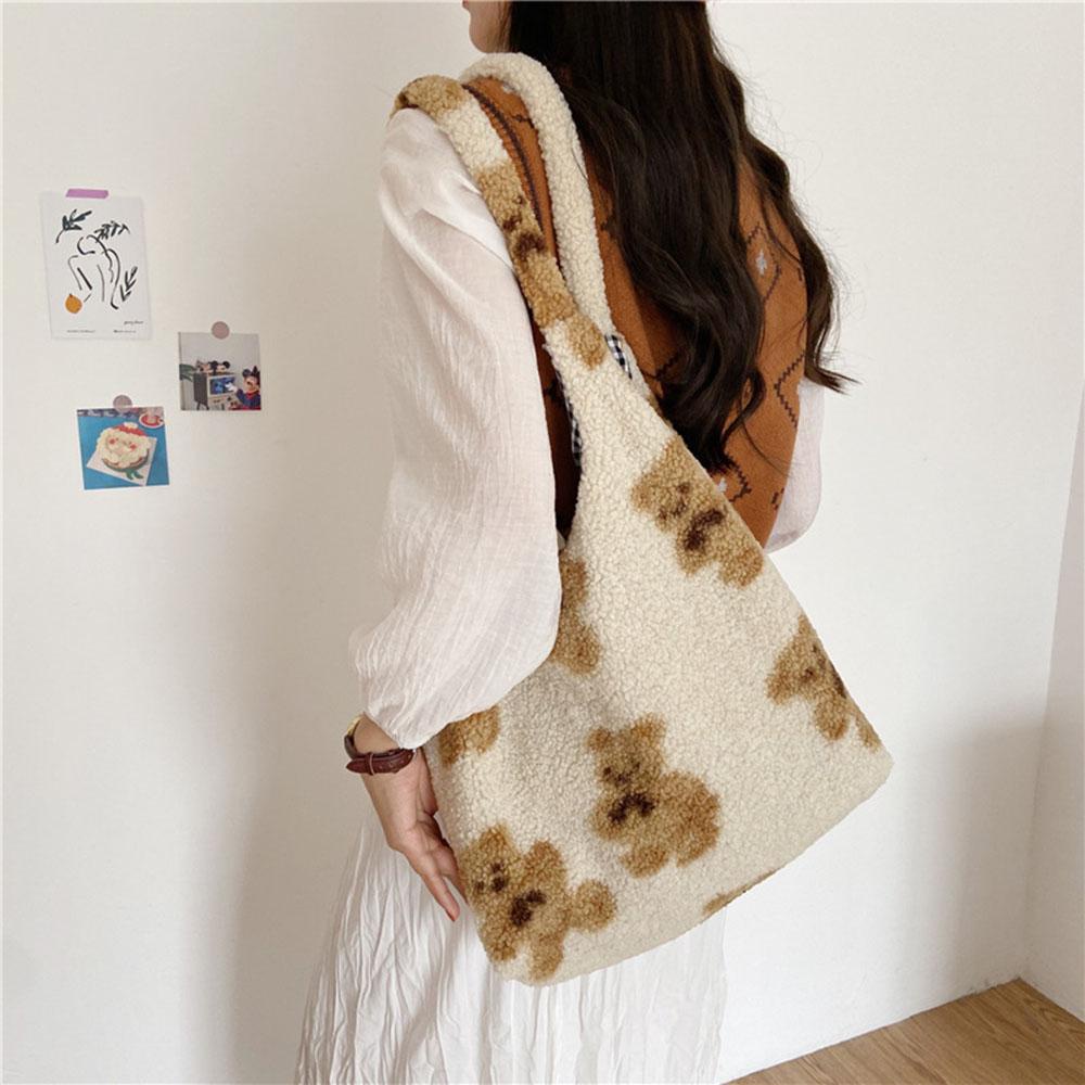 Qqmall Túi Tote Canvas Lông Cừu Dễ Thương Đeo Vai Đi Mua Sắm Cho Nữ