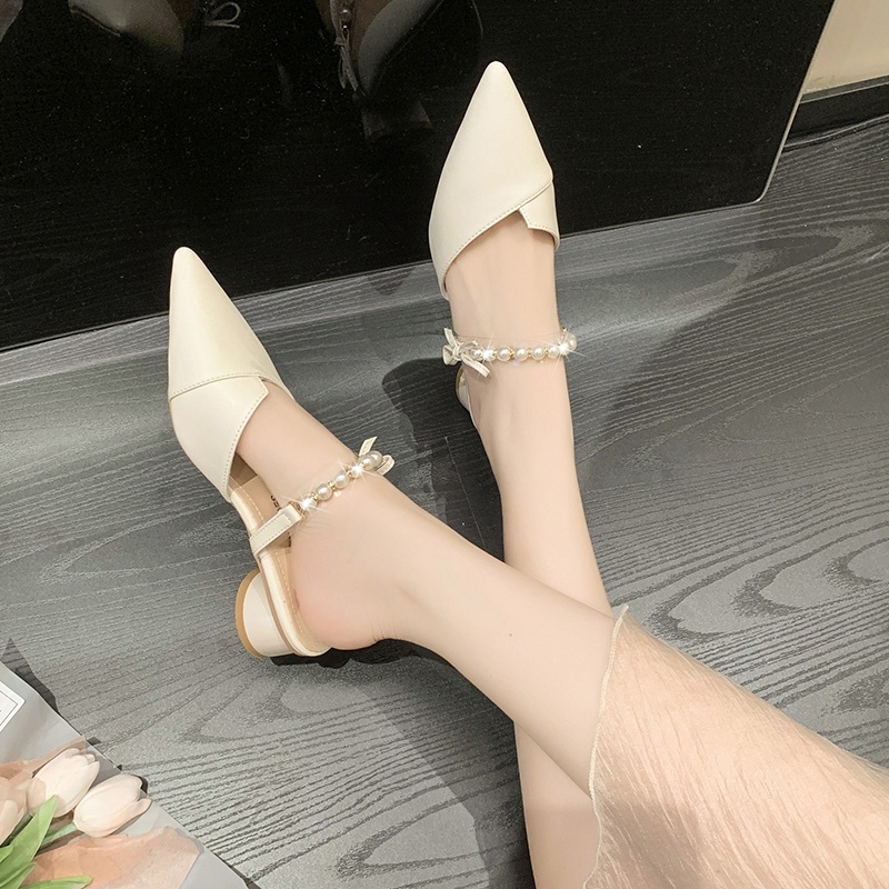 Giày Cao Gót Da Mũi Nhọn Đính Nơ Pha Lê Màu Xanh Lá Cho Nữ