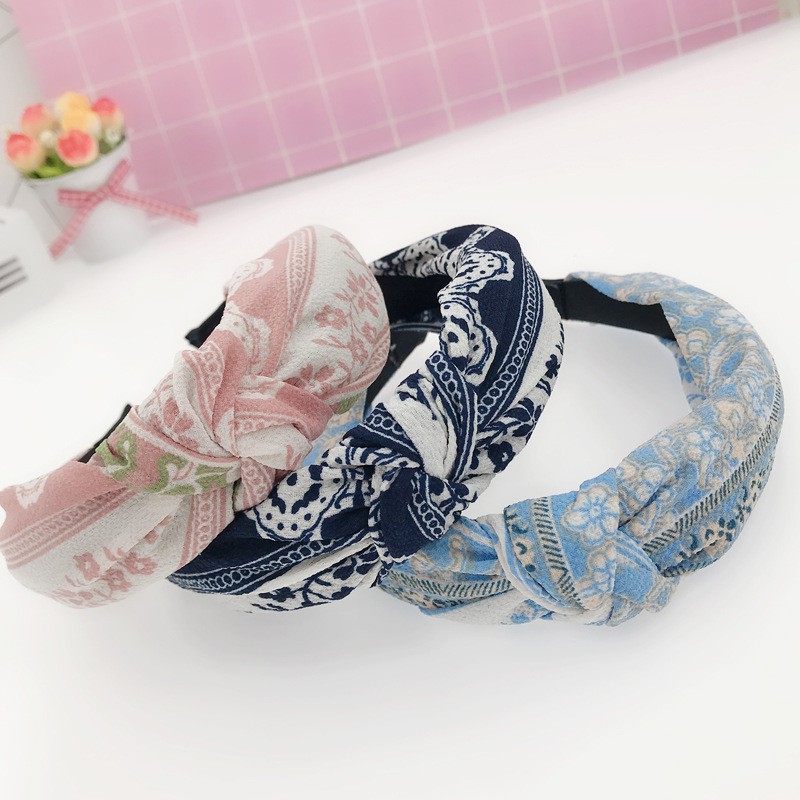 Băng Đô Vải Thắt Nơ In Họa Tiết Phong Cách Retro Nhật Hàn Sáng Tạo Cho Nữ