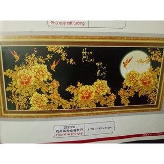 tranh thêu chữ thập hoa mẫu đơn kim sắc kt 142x61cm
