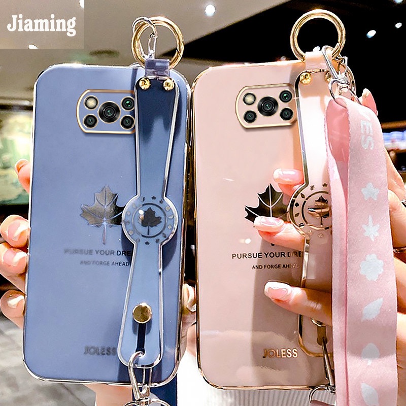 Ốp Điện Thoại Viền Thẳng Mạ Điện Họa Tiết Lá Phong Kèm Dây Đeo Và Vòng Tay Cho Xiaomi Poco X3 Pro Poco X3 NFC