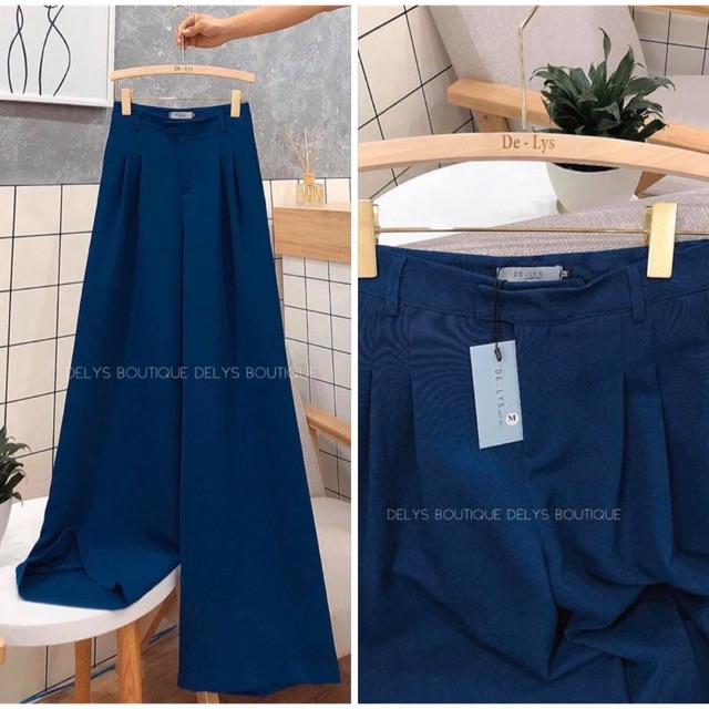 Quần ống rộng nữ lưng cao Delys quần suông nữ cạp cao màu xanh coban | BigBuy360 - bigbuy360.vn