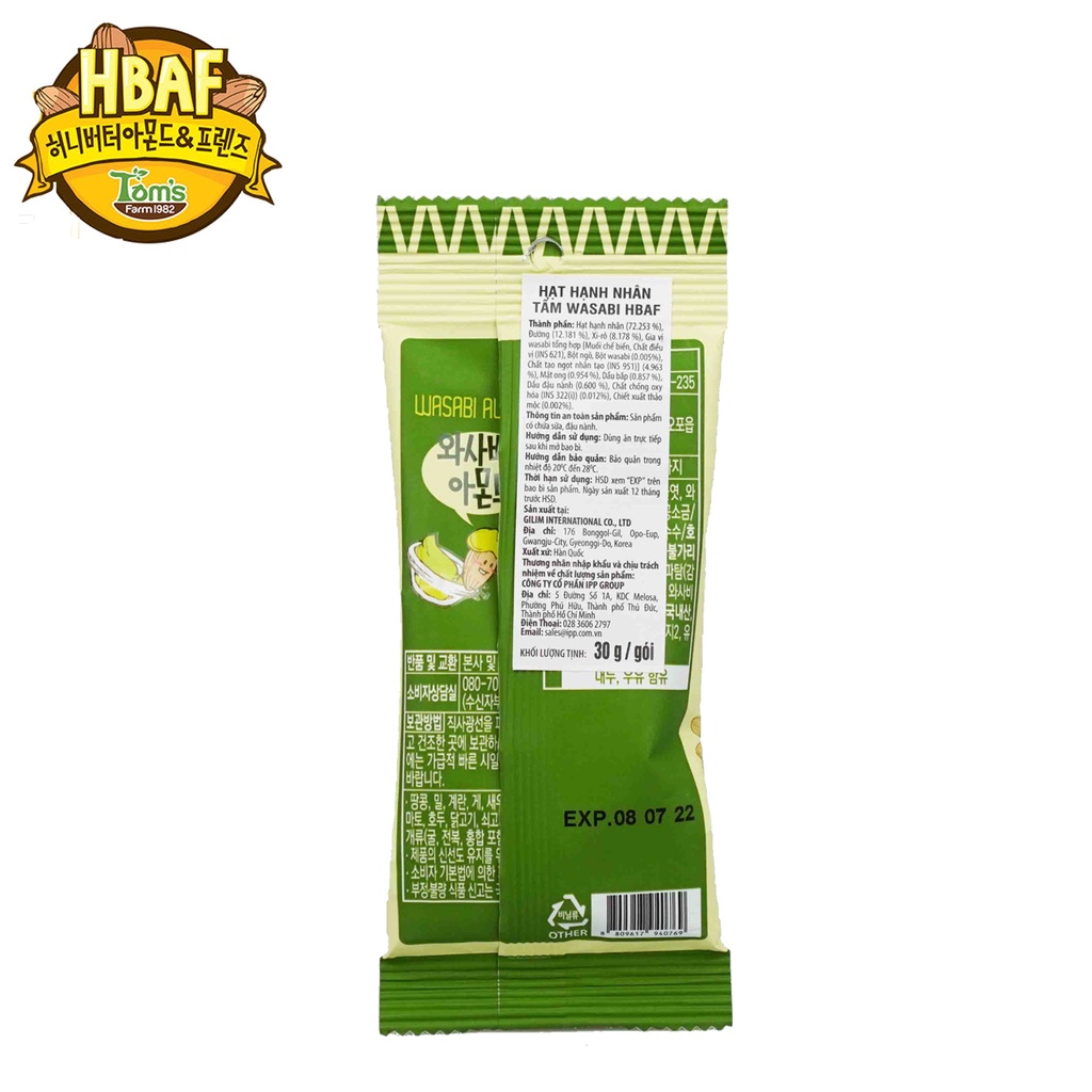 HỘP 12 GÓI HẠNH NHÂN WASABI ALMOND HBAF TOM'S FARM 30 GRAM chính hãng