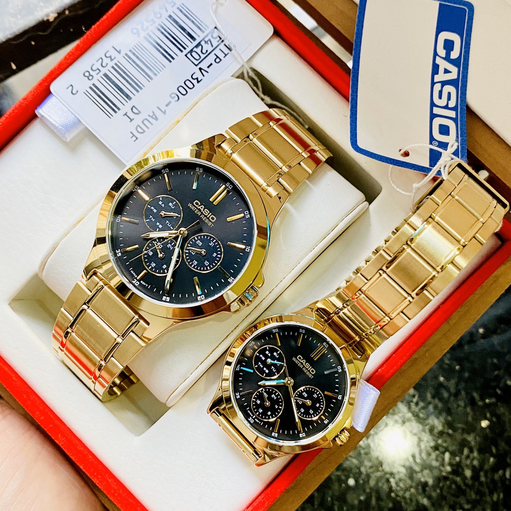 Đồng hồ nam nữ - Đồng hồ đôi mạ vàng Casio V300G-1A mặt đen chống nước Bảo hành 1 năm Hyma watch