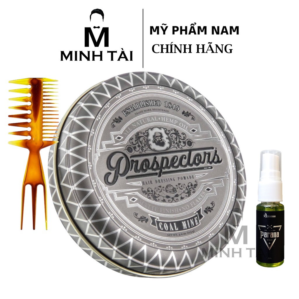 Sáp Vuốt Tóc Nam PROSPECTORS Coal Mine Pomade + Xịt Tạo Phồng AZENMAN Parana 3 In 1 - 20ml + Lược Chải Tóc Texture