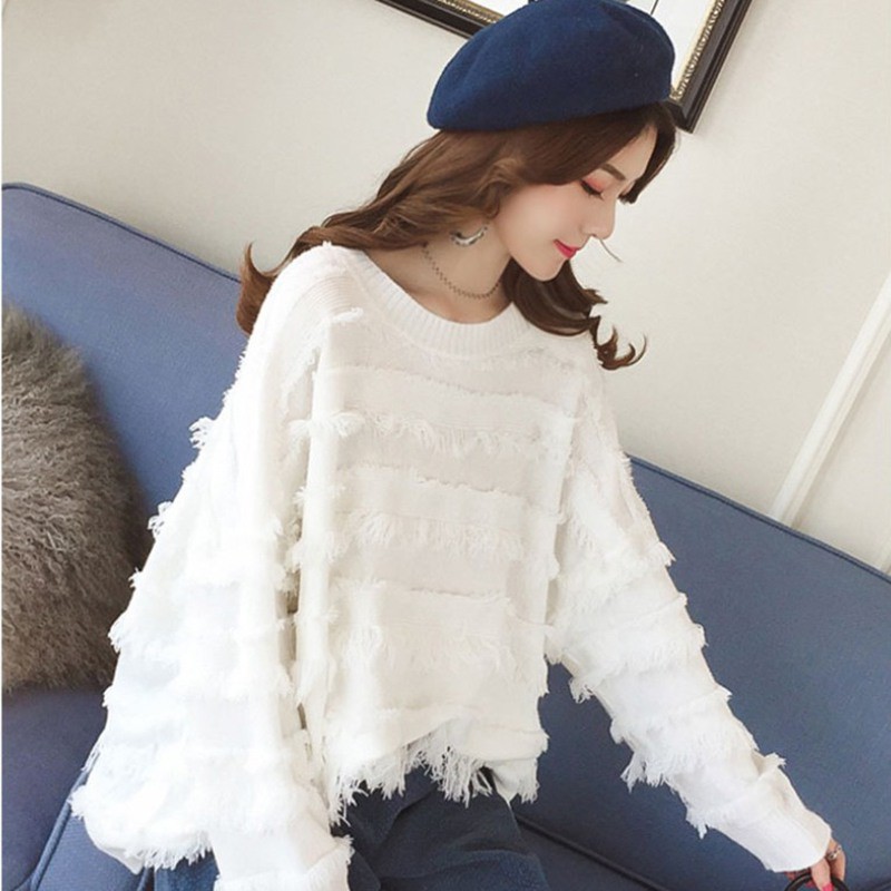 Áo len dáng rộng màu trơn phối tua rua cho nữ | BigBuy360 - bigbuy360.vn