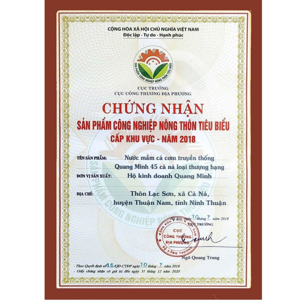 Nước mắm Quang Minh Cà Ná| Loại đặc biệt 60 đạm| Chai 250ml thùng 6 chai| Thơm ngon tinh khiết nguyên chất