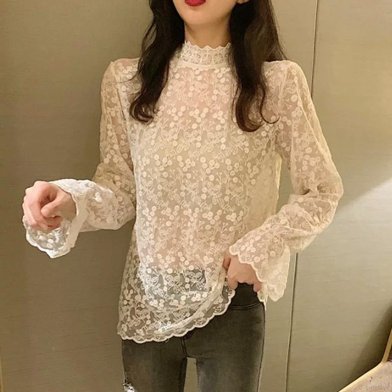 Áo kiểu tay dài phối ren thiết kế tinh tế thời trang cho nữ | BigBuy360 - bigbuy360.vn