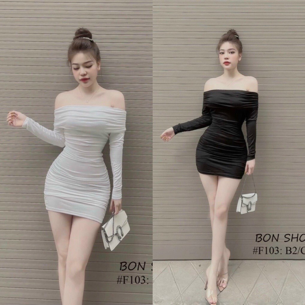 Váy Body trễ vai nhún sườn Đầm ôm body tay dai phong cách thời trang nữ | BigBuy360 - bigbuy360.vn