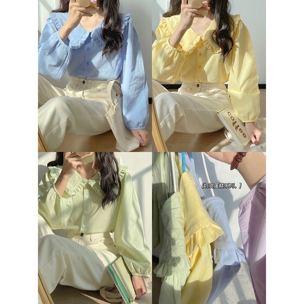 Áo Sơ Mi Nữ Tay Dài Cổ Búp Bê Màu Vàng Kem Kiểu retro Phong Cách Pháp