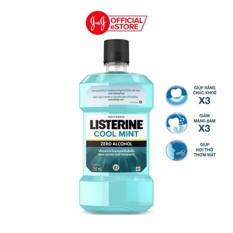 Nước súc miệng không cay giúp hơi thở thơm mát Listerine Cool Mint Zero 750ml