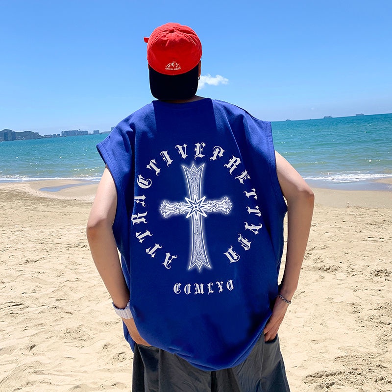 Áo Thun Sát Nách Dáng Rộng In Chữ Thập Phong Cách Hip Hop Thời Trang Đường Phố Cho Nam