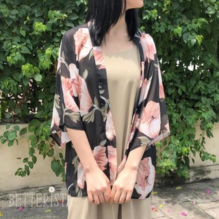 Kimono Ngắn Họa Tiết Đen Hoa To