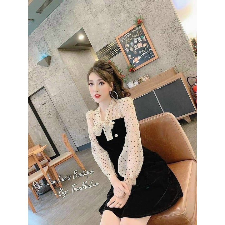 đầm tay lưới chấm bi kết nơ cổ siêu xinh thích hợp cho các buổi tiệc