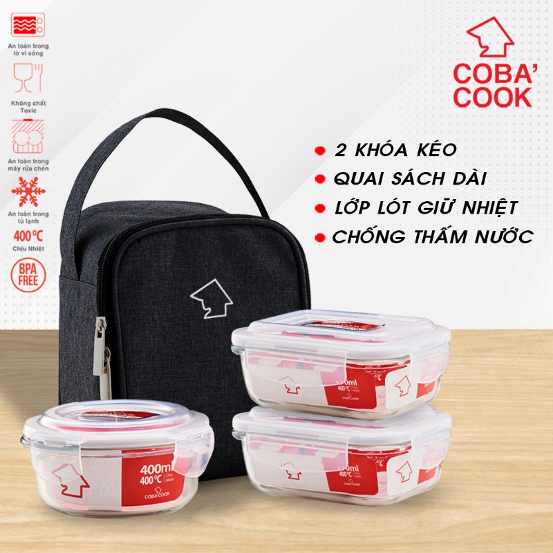 Bộ hộp đựng cơm thủy tinh COBA'COOK 2 hộp chữ nhật 370ml và 1 hộp tròn 400ml + 1 túi giữ nhiệt- CCR4L33BS