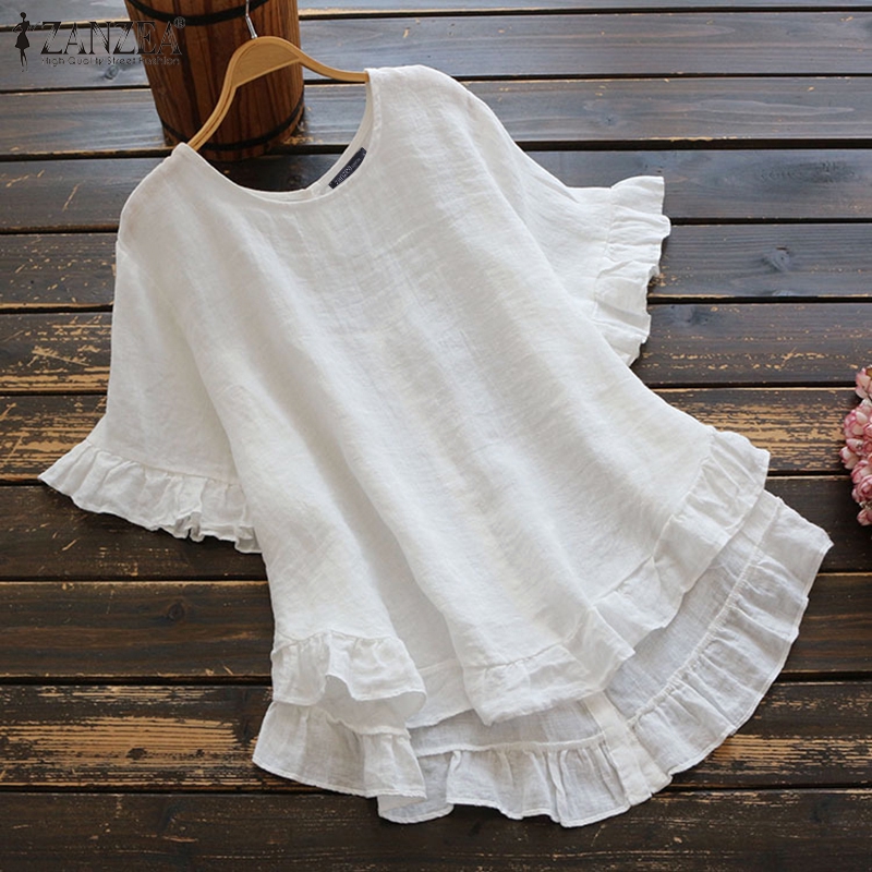 ZANZEA Áo cotton cổ tròn tay viền bèo màu trơn phong cách thời trang cho nữ