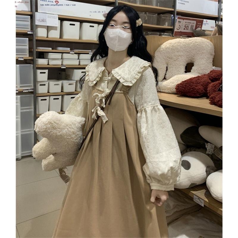Bộ Áo Sơ Mi Cổ Búp Bê + Đầm Yếm Thắt Nơ Phong Cách Nhật Bản Dễ Thương Cho Nữ
