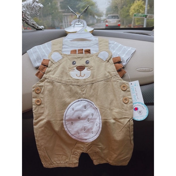 Set yếm gấu màu be kèm áo sơ mi sọc 0-24M cho bé