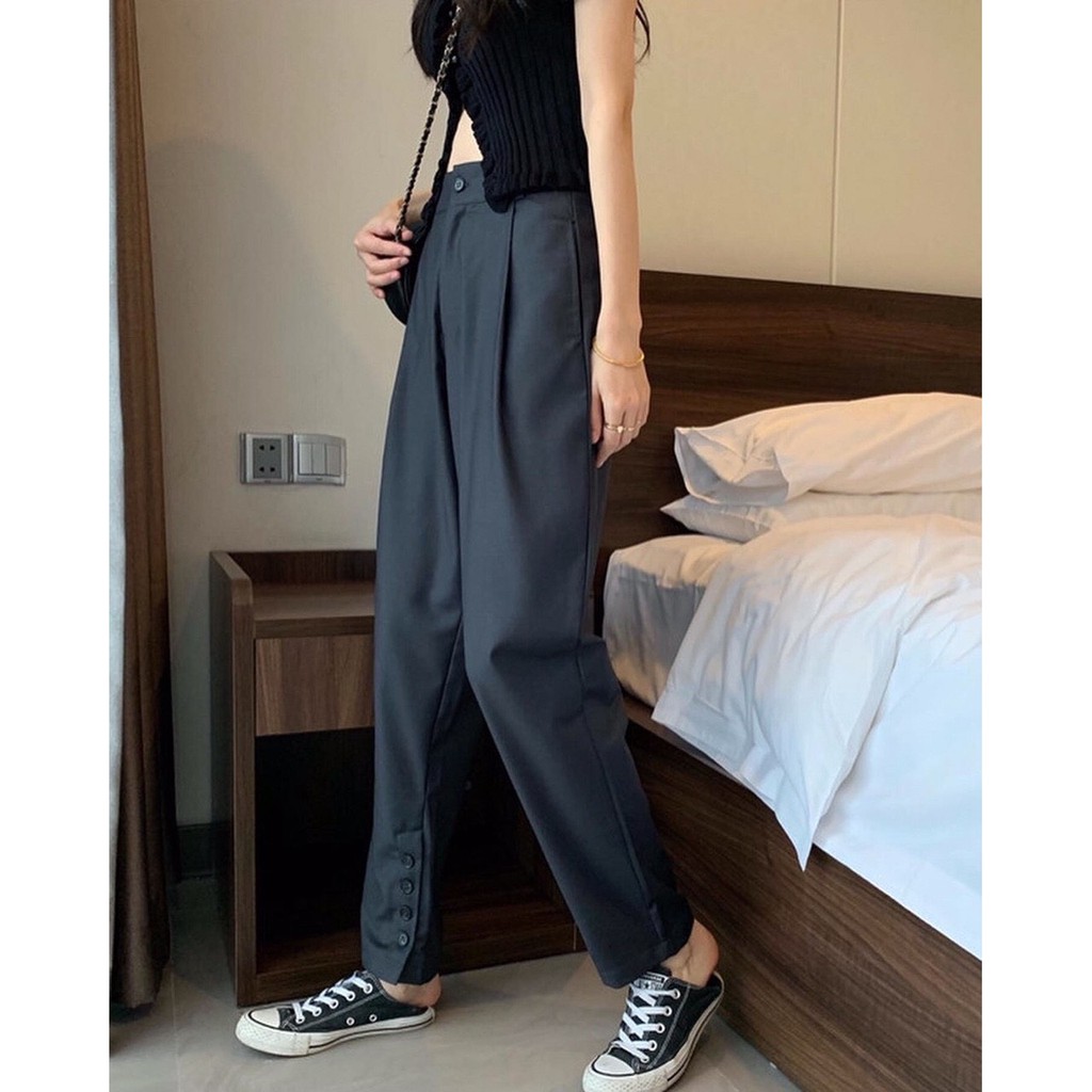 [Mã WASTMAY giảm 15% tối đa 30K đơn 150K] Quần vải ống rộng baggy unisex CÓ NÚT CHÂN dành cho nữ hack dáng