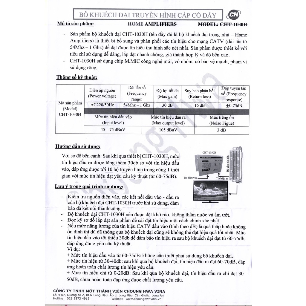 1 Khuếch đại truyền hình cáp [ Hàn Quốc] đẩy nét tivi Model: CHT-1030H Bảo Hành 12 tháng chính hãng [Hàng cao cấp]