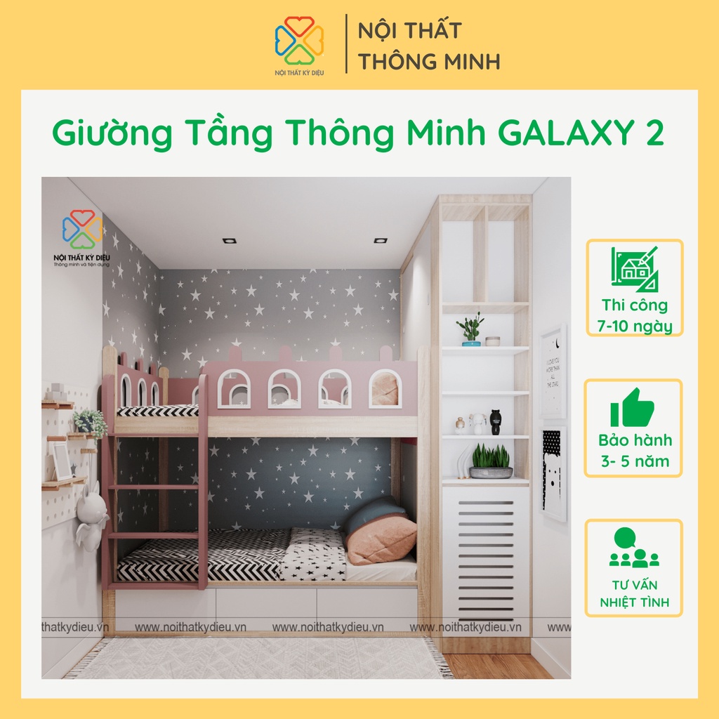 Giường Tầng Thông Minh Galaxy Màu Hồng Trắng Cổ Tích Huyền Ảo Kết Hợp Giá Sách Tủ Để Đồ Dành Riêng Cho Bé