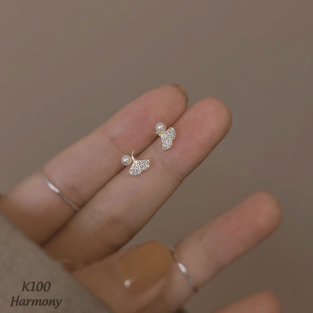 Bông tai ngọc trai nhân tạo nữ bạc rẻ quạt đính đá xinh xắn | HARMONY ACCESSORIES K100