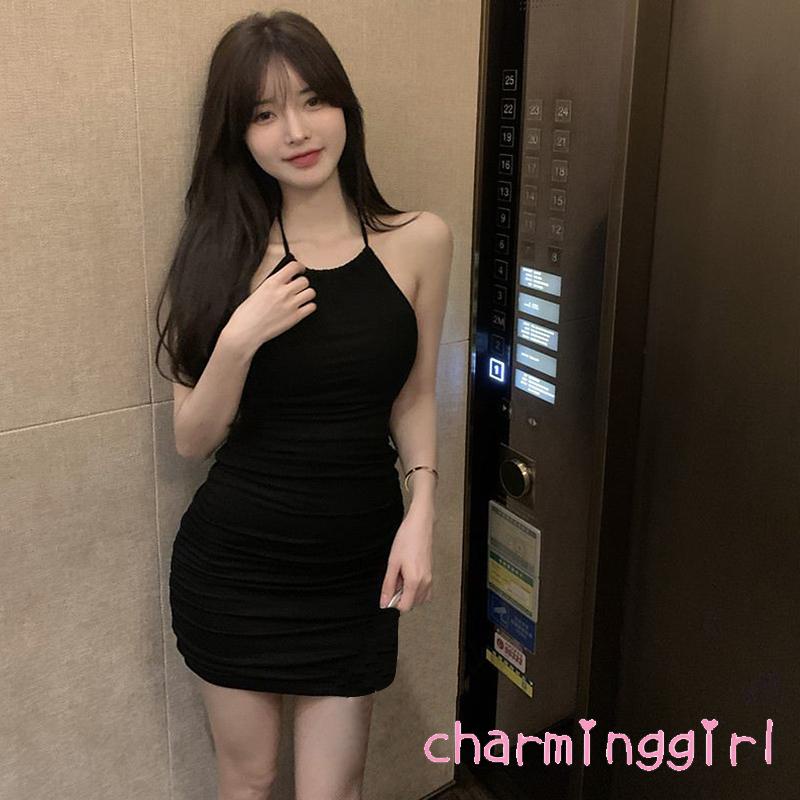 Đầm Mini Hở Lưng Cổ Yếm Màu Trơn Thời Trang Cho Nữ