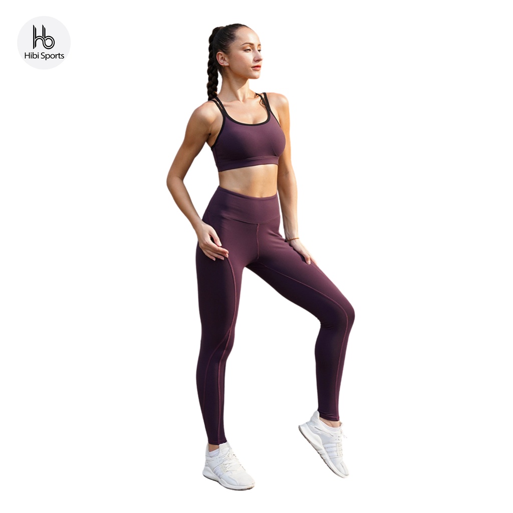 Set đồ tập yoga cho nữ Hibi Sports H119, áo bra thể thao 4 dây đan tim, quần lưng cao, kèm mút nâng ngực