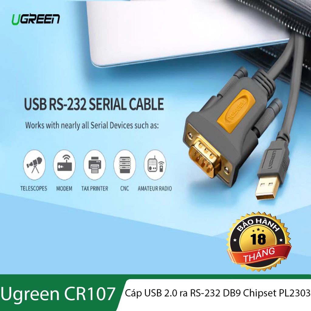 Dây cáp chuyển cổng USB 2.0 sang RS-232 DB9 ( COM 9 chân ) tích hợp Chipset PL2303 l UGREEN CR107